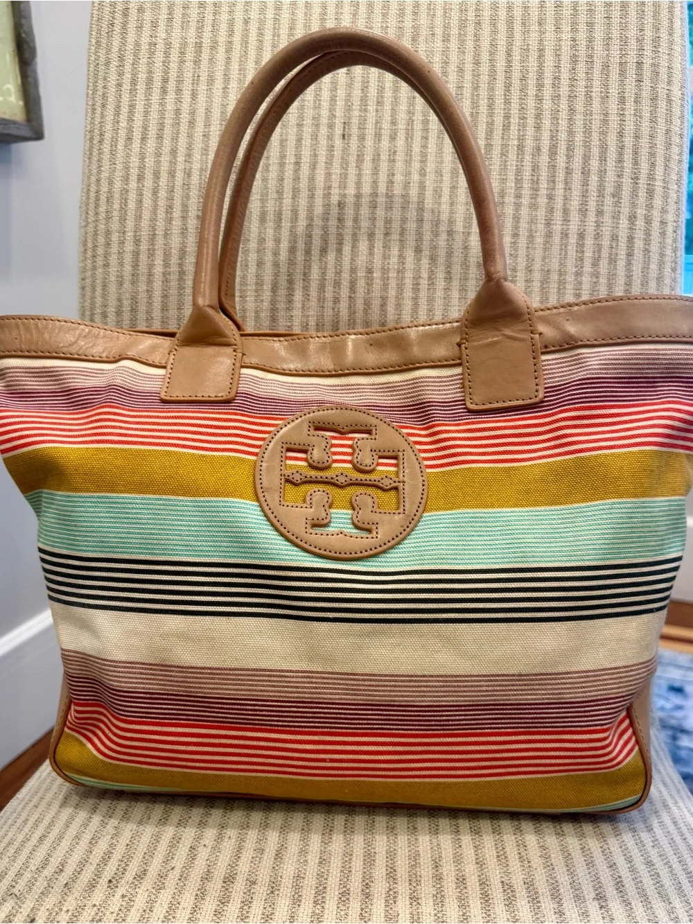Tory Burch Ella Multi-Stripe Canvas Tote Leather Trim Large Shoulder Bag